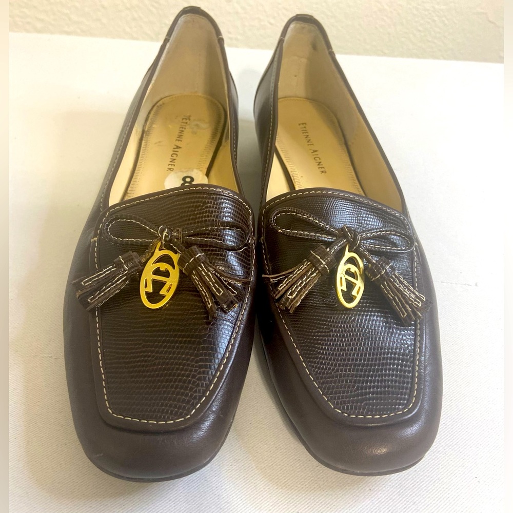Etienne Aigner brown leather slip on dressy casual shoes size 8